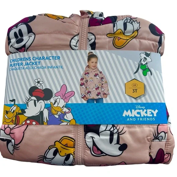 Disney Girls Minnie Mouse Daisy Duck Pink Hooded Winter Puffer Jacket Toddler 3T - Picture 6 of 16